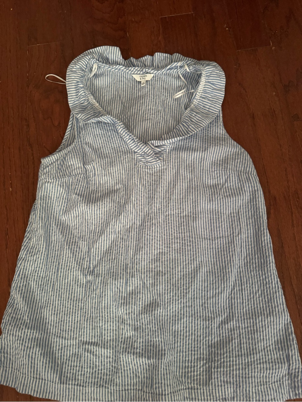 crown & ivy Blue and White Striped Sleeveless V-Neck Tank